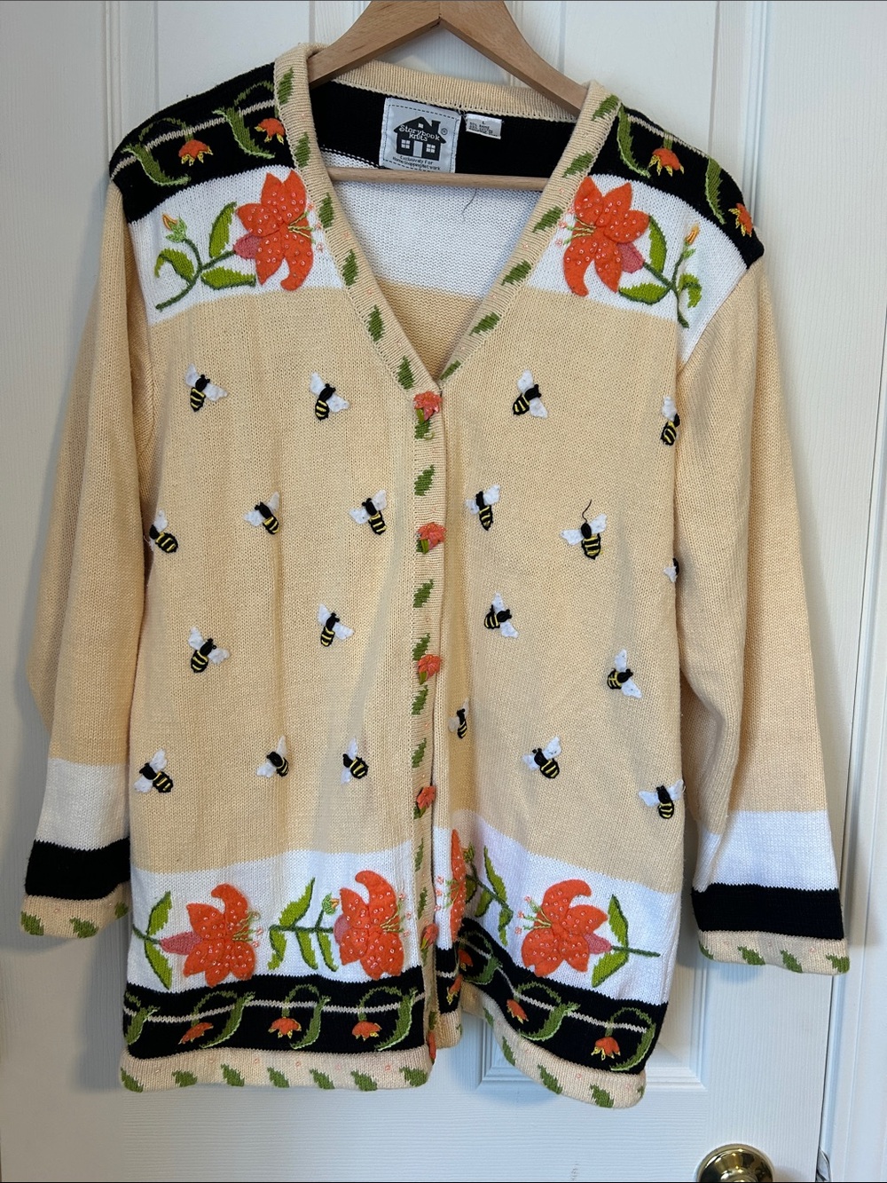 Storybook Knits Cream and Orange Floral Bee Cardigan